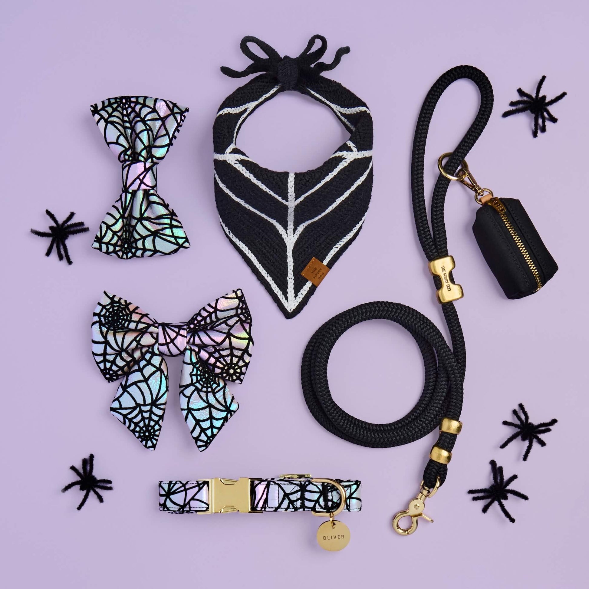 Holographic Spiderweb Bow Tie, Lady Bow and Collar, Onyx Marine Rope Leash and Waste Bag Holder, and Spiderweb Crochet Dog Bandana from The Foggy Dog