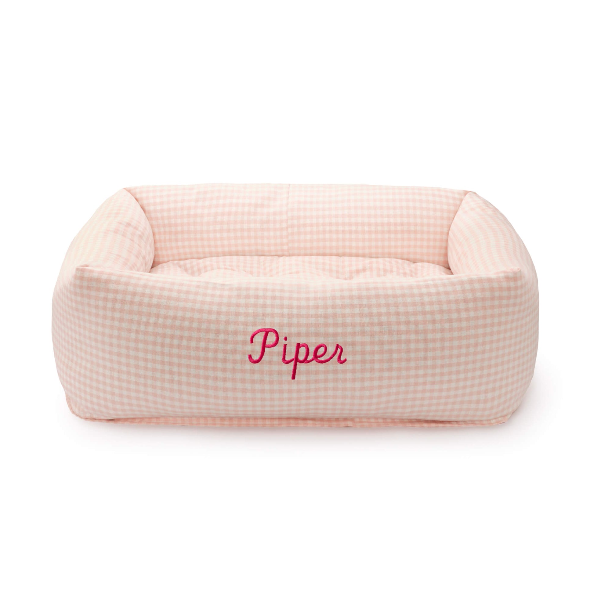 Blush Pink Gingham Bolster Dog Bed from The Foggy Dog