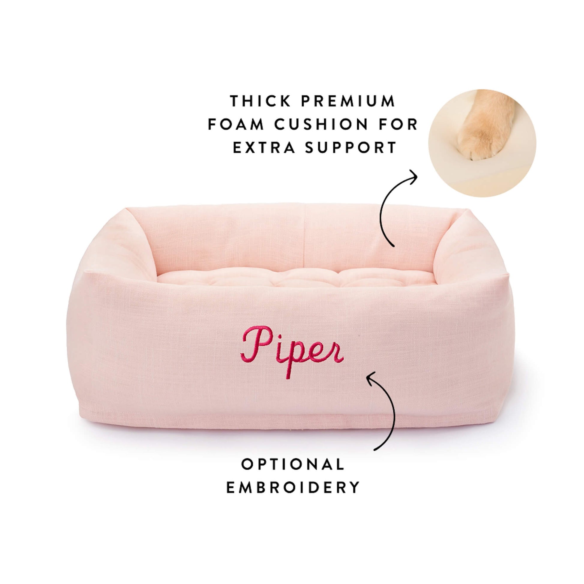 Blush Pink Bolster Dog Bed from The Foggy Dog