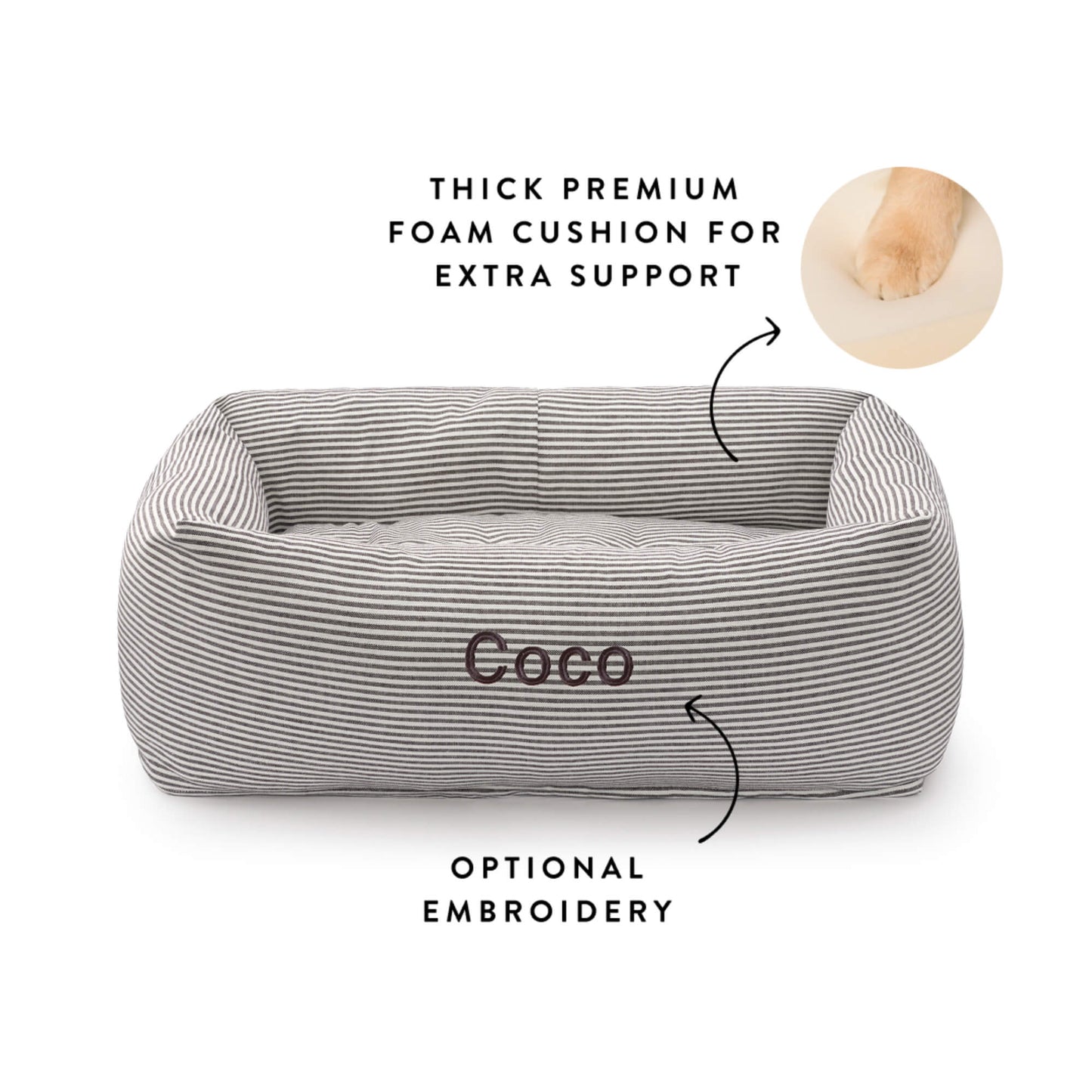 Charcoal Stripe Bolster Dog Bed from The Foggy Dog