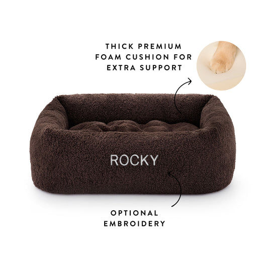 Chocolate Recycled Sherpa Bolster Dog Bed from The Foggy Dog