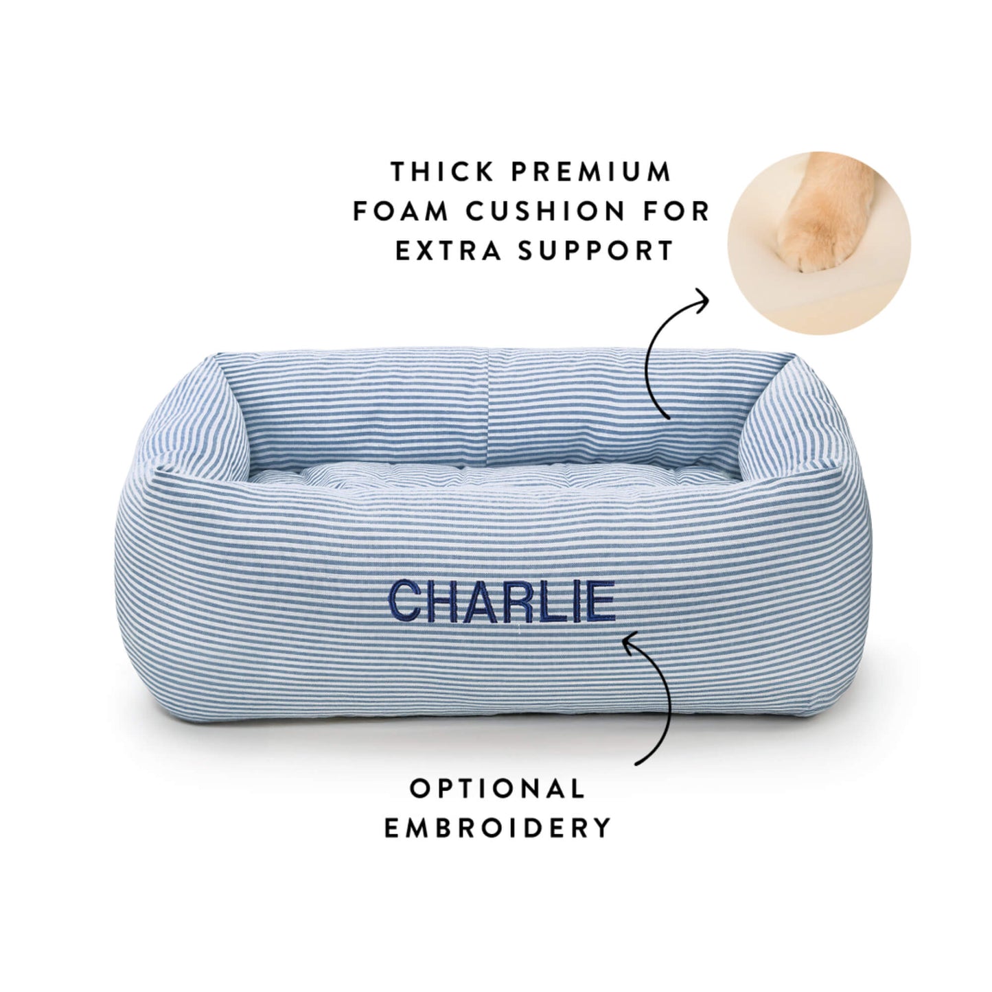 Lake Blue Stripe Bolster Dog Bed from The Foggy Dog