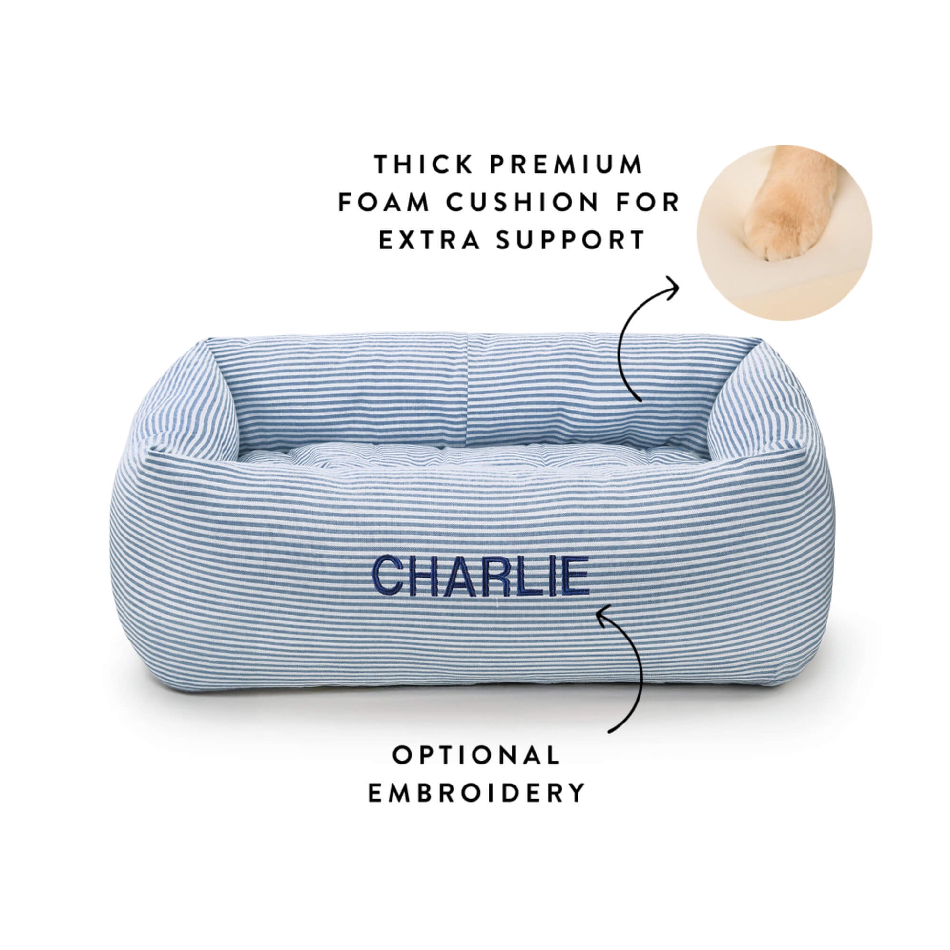 Lake Blue Stripe Bolster Dog Bed from The Foggy Dog