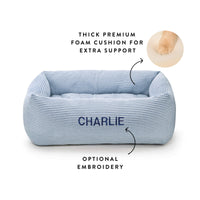 Lake Blue Stripe Bolster Dog Bed from The Foggy Dog