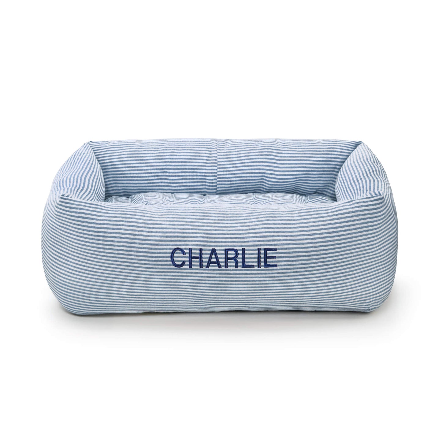 Lake Blue Stripe Bolster Dog Bed from The Foggy Dog