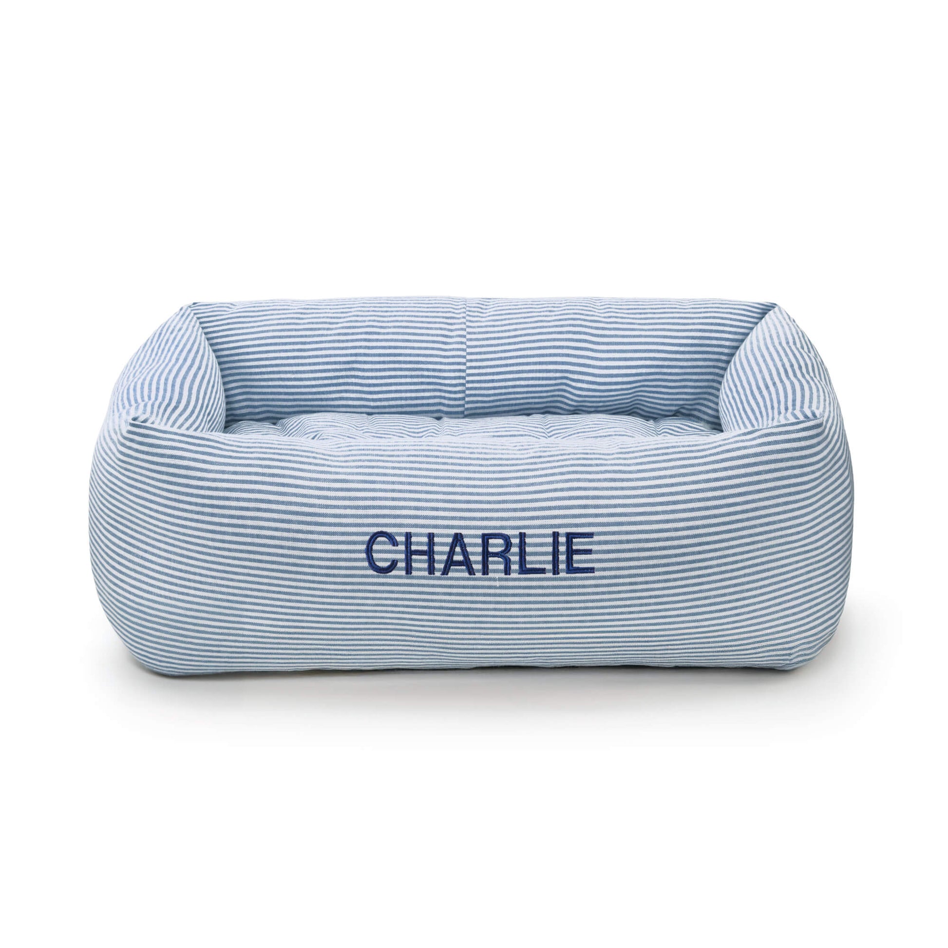 Lake Blue Stripe Bolster Dog Bed from The Foggy Dog