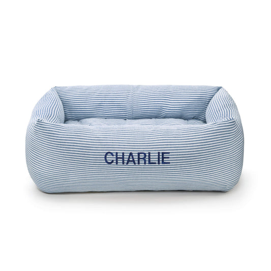 Lake Blue Stripe Bolster Dog Bed from The Foggy Dog