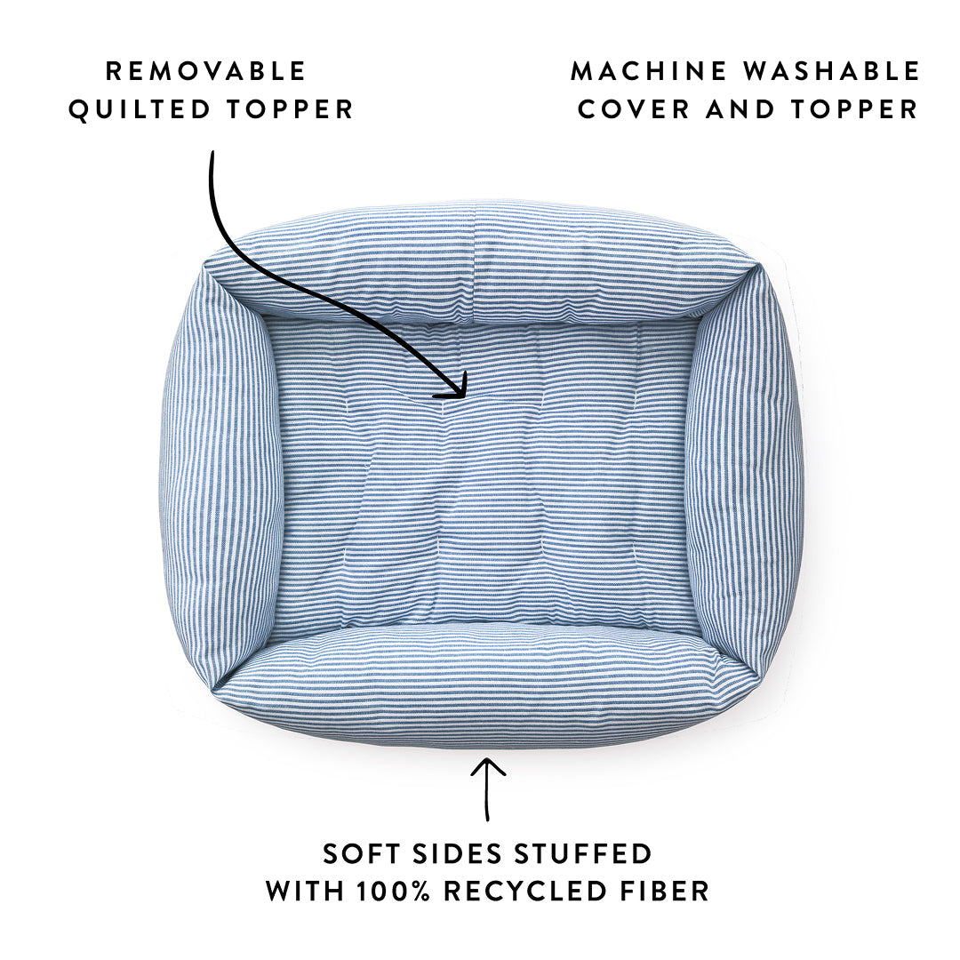 Lake Blue Stripe Bolster Dog Bed from The Foggy Dog