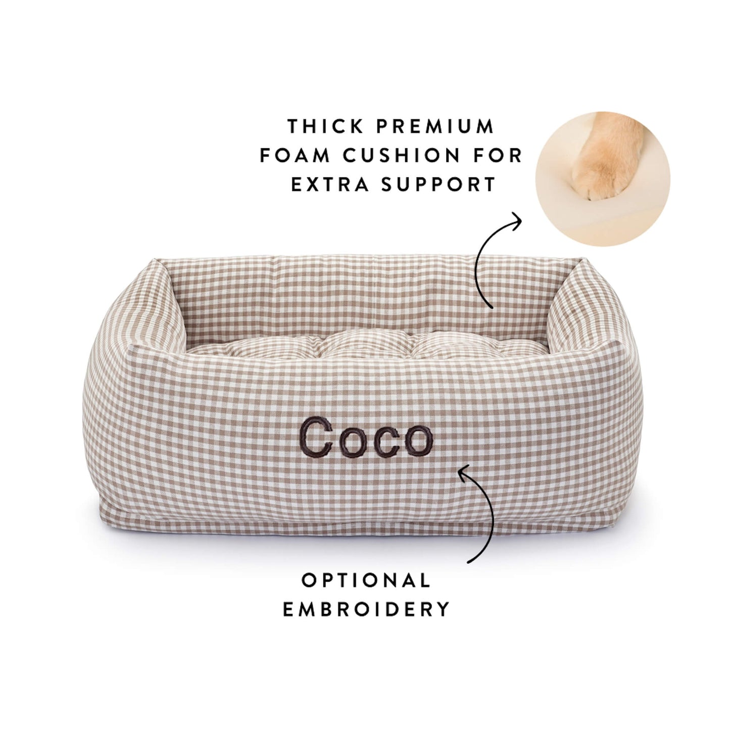 Mushroom Brown Gingham Bolster Dog Bed from The Foggy Dog