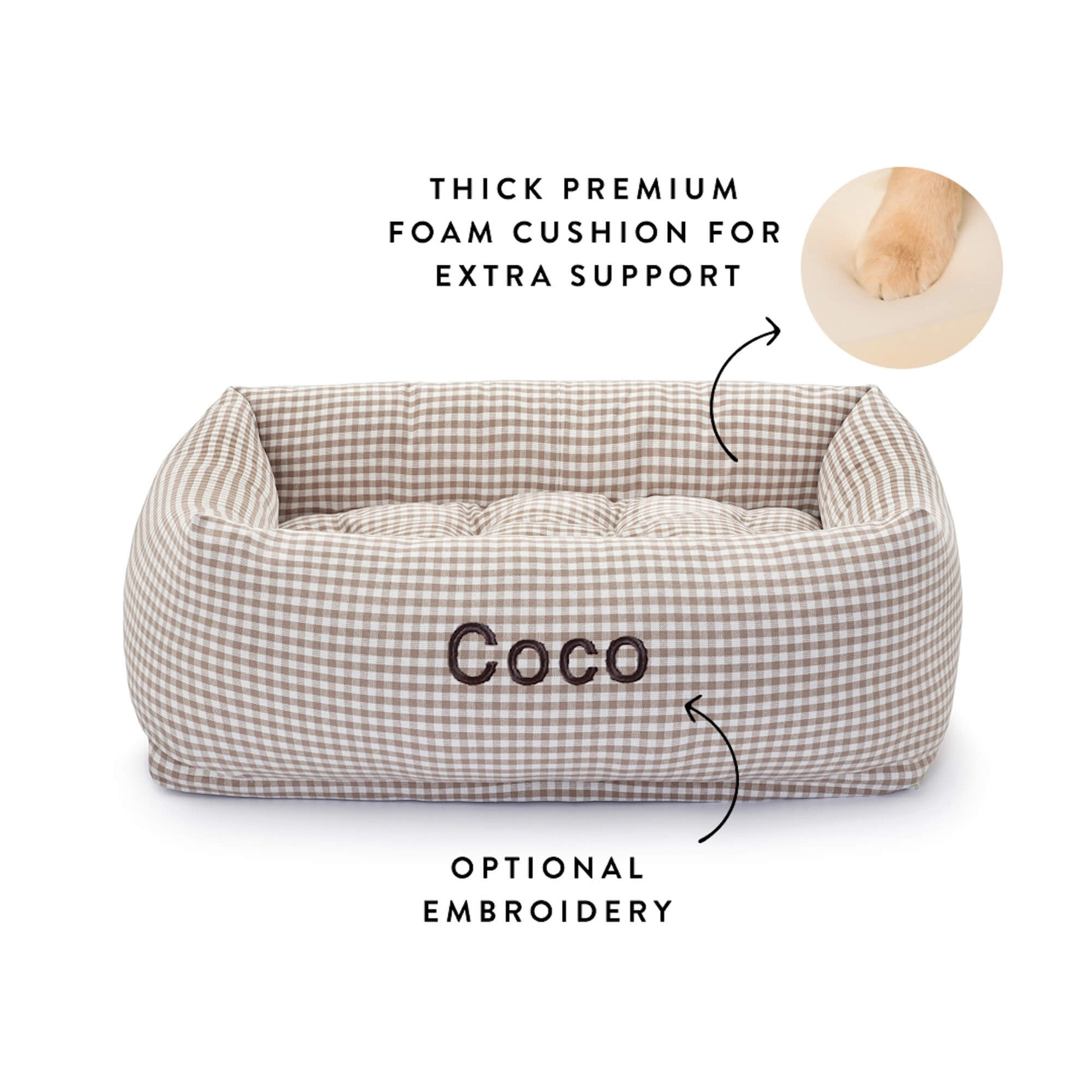 Mushroom Brown Gingham Bolster Dog Bed from The Foggy Dog