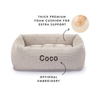 Mushroom Brown Gingham Bolster Dog Bed from The Foggy Dog