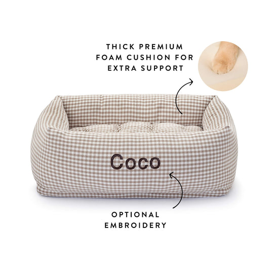 Mushroom Brown Gingham Bolster Dog Bed from The Foggy Dog