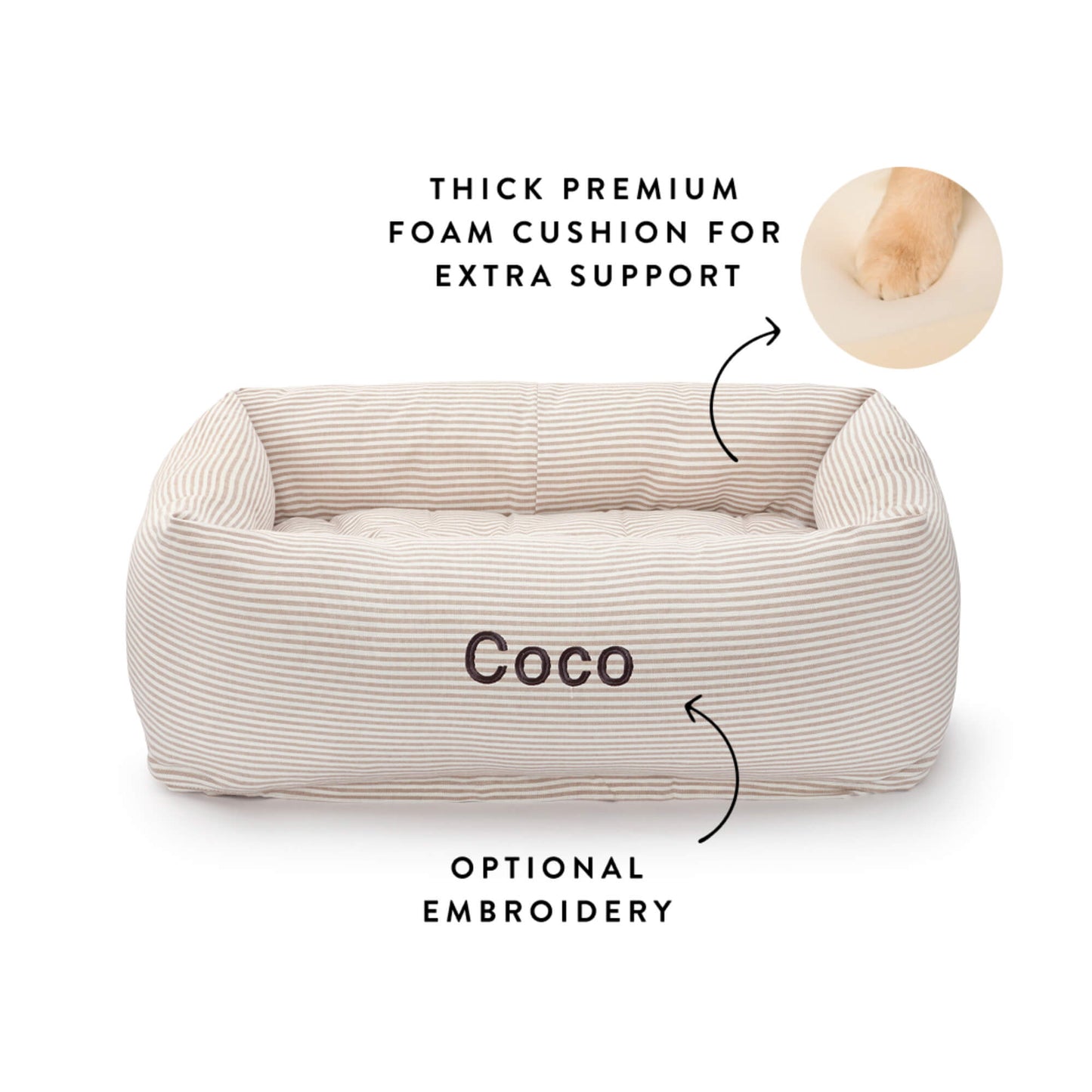 Mushroom Brown Stripe Bolster Dog Bed from The Foggy Dog