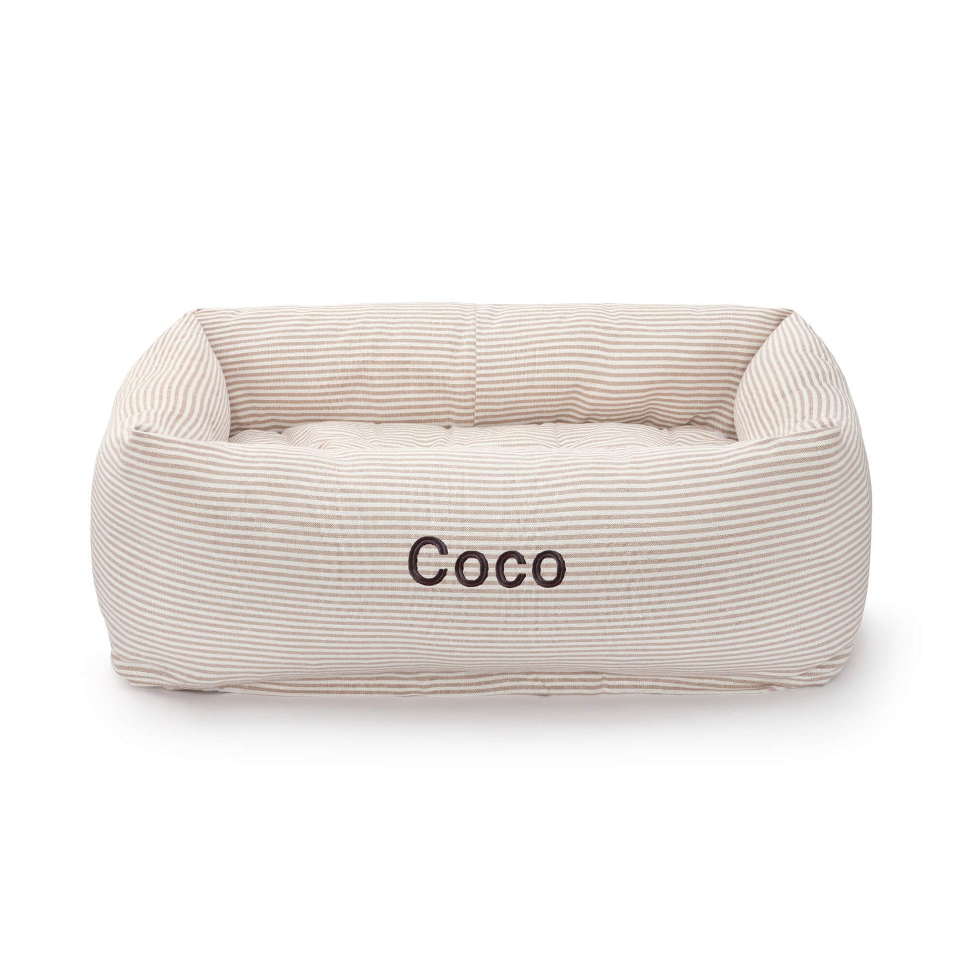 Mushroom Brown Stripe Bolster Dog Bed from The Foggy Dog