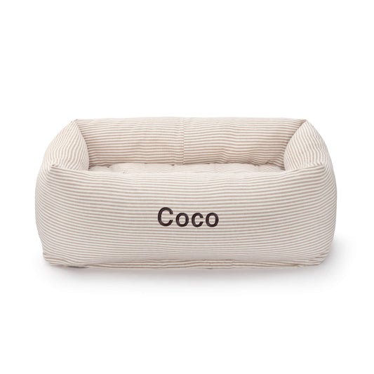 Mushroom Brown Stripe Bolster Dog Bed from The Foggy Dog