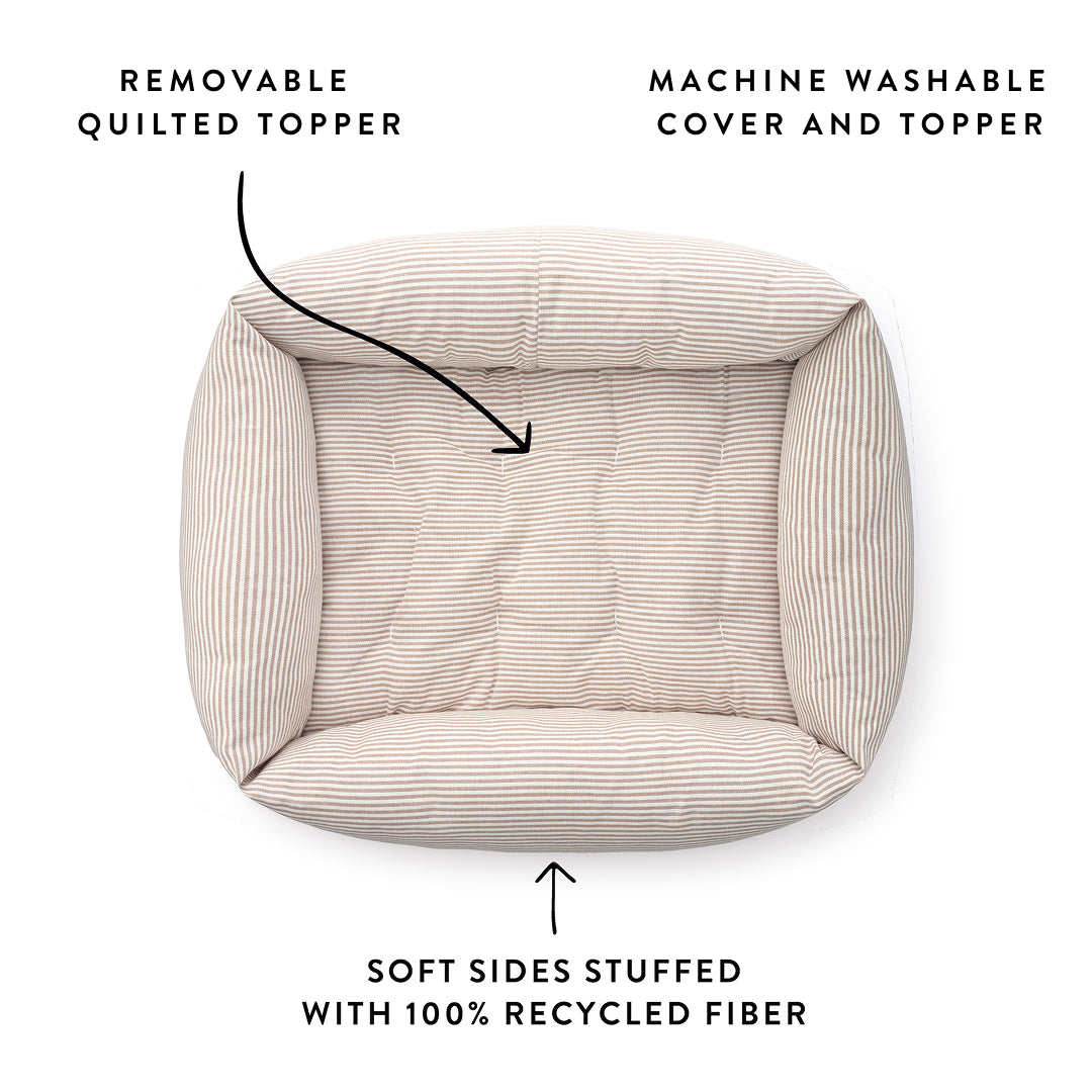 Mushroom Brown Stripe Bolster Dog Bed from The Foggy Dog