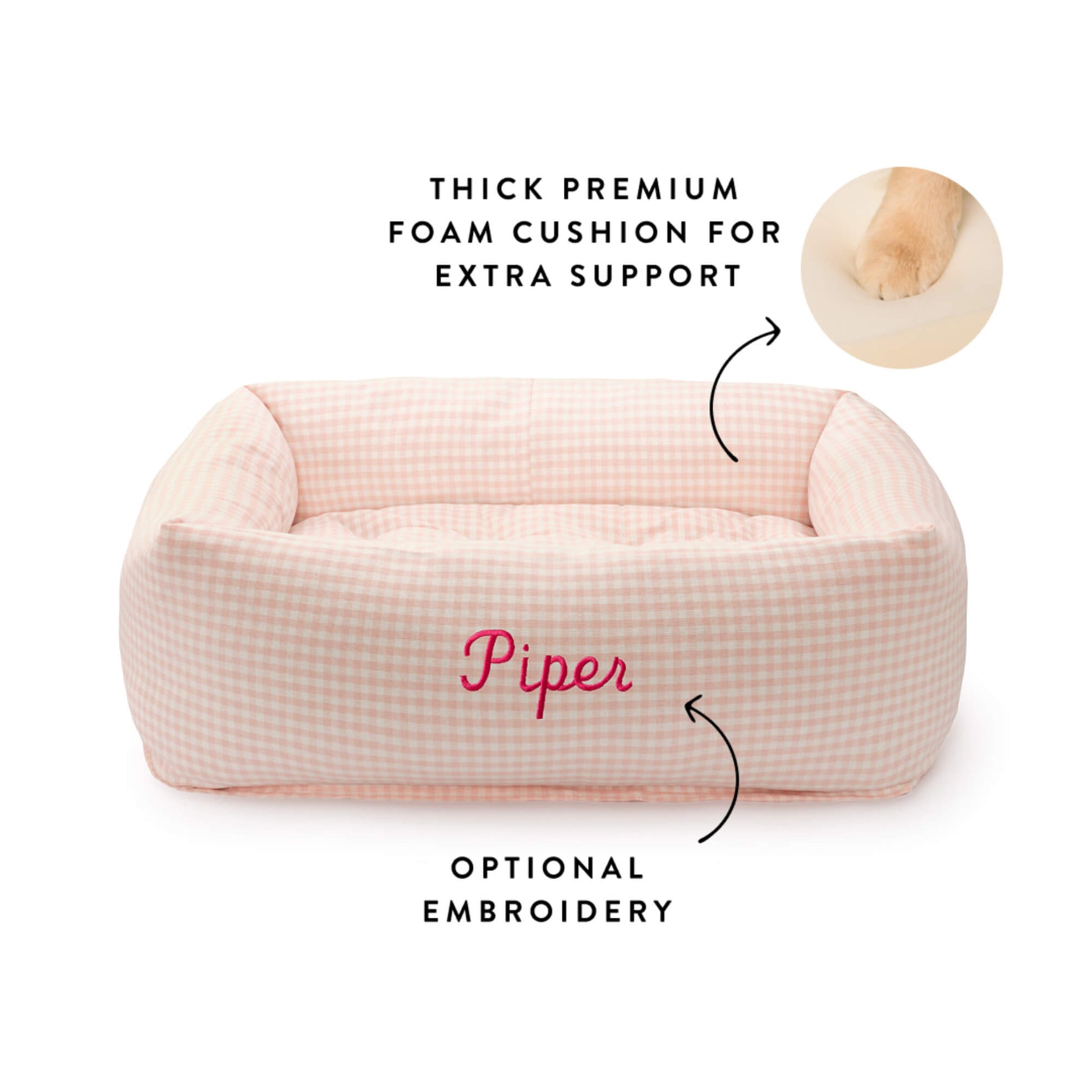 Blush Pink Gingham Bolster Dog Bed from The Foggy Dog