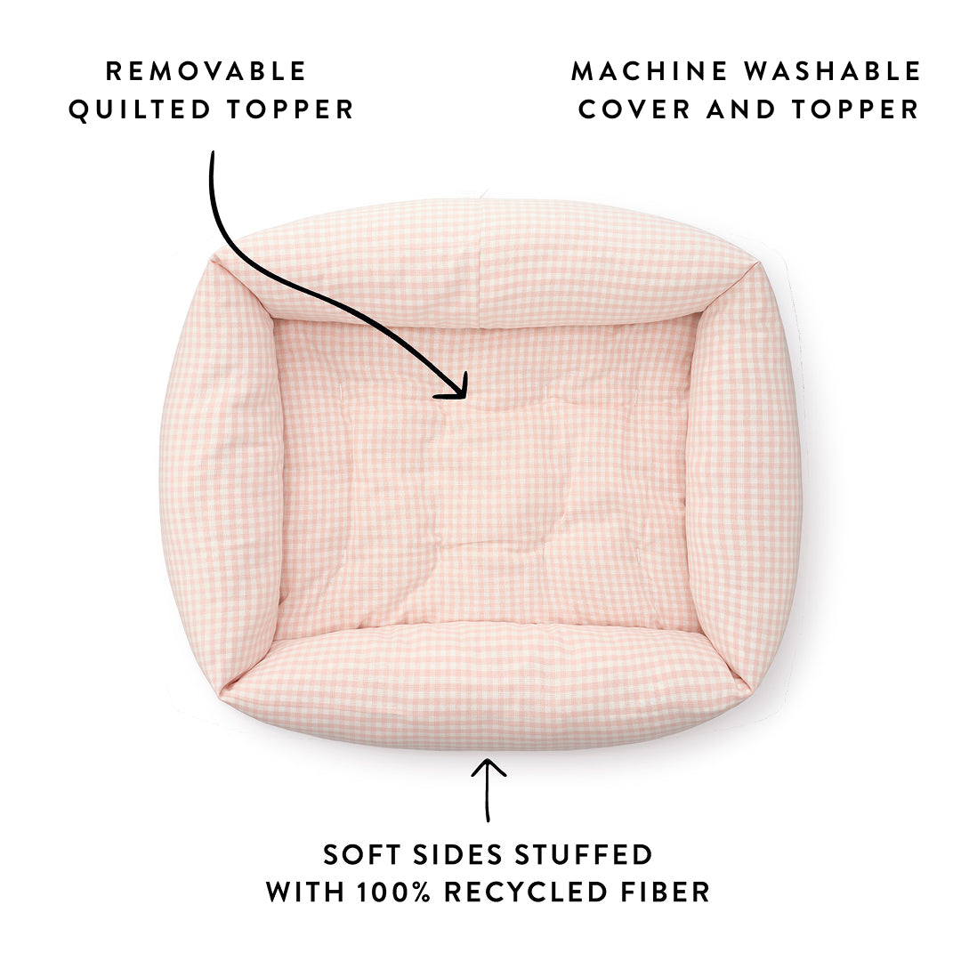Blush Pink Gingham Bolster Dog Bed from The Foggy Dog