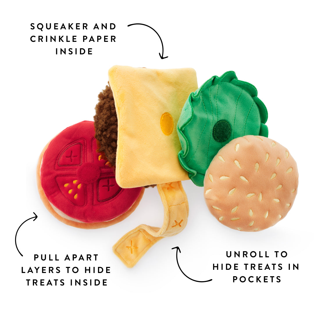 Cheeseburger Interactive Snuffle Dog Toy from The Foggy Dog