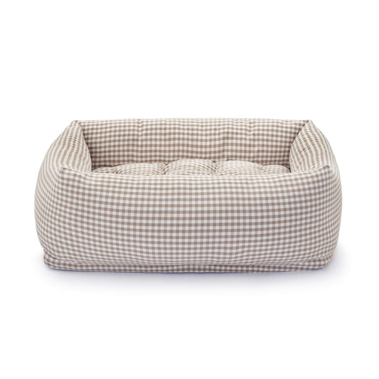 Mushroom Brown Gingham Bolster Dog Bed from The Foggy Dog