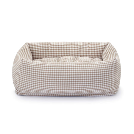 Mushroom Brown Gingham Bolster Dog Bed- Large
