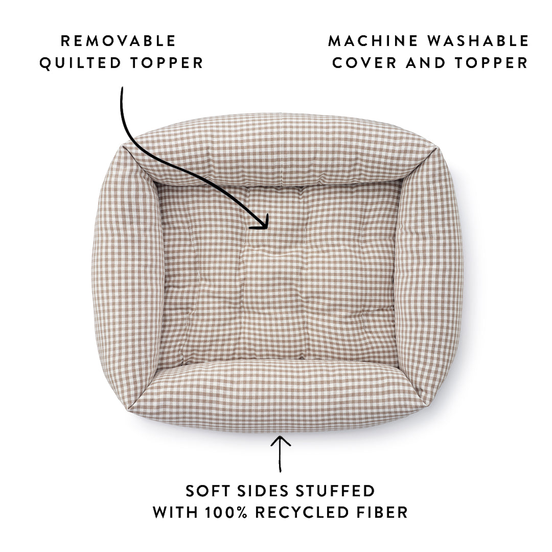 Mushroom Brown Gingham Bolster Dog Bed from The Foggy Dog