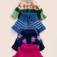 Blue Stripe Quarter-Zip Dog Sweater, Toadstool Dog Sweater, Purple Posies Dog Sweater, and Hot Pink Cable Knit Dog Sweater from The Foggy Dog