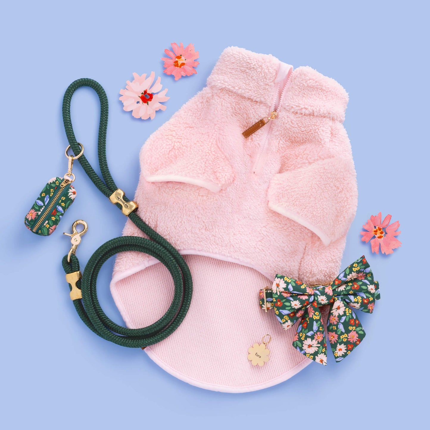 Pink Quarter-Zip Sherpa Dog Jacket, Secret Garden Lady Bow Collar, Secret Garden Walk Set and Waste Bag Holder, Evergreen Marine Rope Leash, and Flower Pet ID Tag from The Foggy Dog