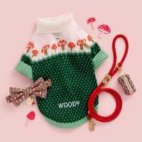 Toadstool Dog Sweater, Mushroom Meadow Bow Tie Collar, Mushroom Meadow Walk Set and Waste Bag Holder, Ruby Marine Rope Leash, Toadstool Collar Charm, and Mushroom Meadow Dog Bow Tie from The Foggy Dog