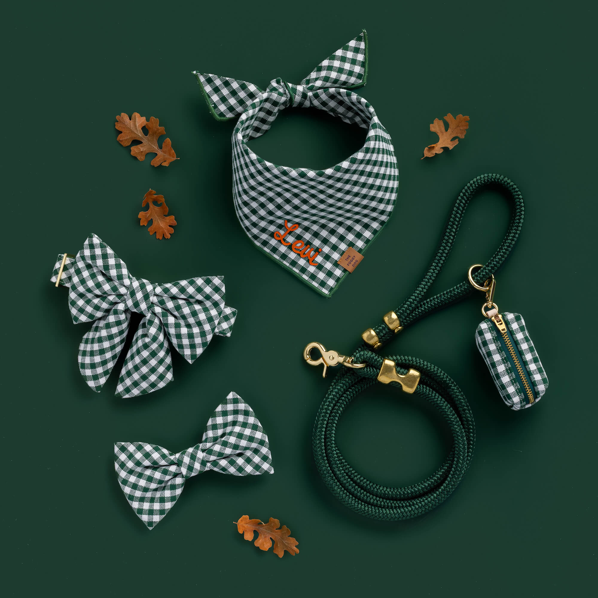 Evergreen Gingham Bow Tie Collar, Bandana, Lady Bow Collar, and Walk Set from The Foggy Dog