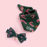 Candy Canes Knit Dog Bandana, Evergreen Candy Canes Bow Tie Collar, and Candy Cane Collar Charm from The Foggy Dog