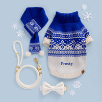 Snow Day Fair Isle Knit Dog Scarf, Snow Day Fair Isle Knit Dog Sweater, Ivory Marine Rope Leash, Ivory Velvet Bow Tie Collar from The Foggy Dog