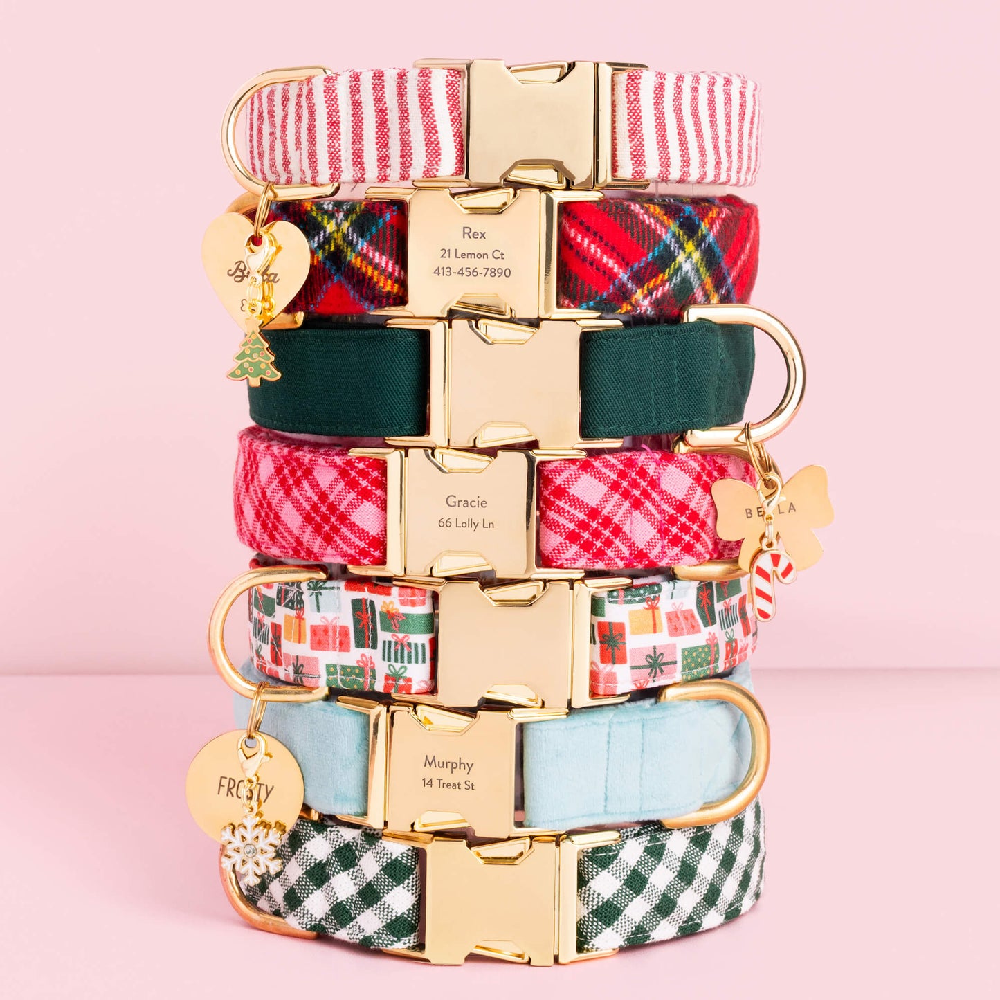 Red Stripe Collar, Tartan Plaid Flannel Collar, Evergreen Collar, Heather Taylor Home x TFD Katherine Plaid Collar, Rifle Paper Co. x TFD Holiday Gifts, Robin's Egg Velvet Collar, Evergreen Gingham Collar, Heart ID Tag, Lady Bow ID Tag, Circle ID Tag, Christmas Charm, Candy Cane Charm and Snowflake Charm from The Foggy Dog