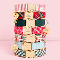 Red Stripe Collar, Tartan Plaid Flannel Collar, Evergreen Collar, Heather Taylor Home x TFD Katherine Plaid Collar, Rifle Paper Co. x TFD Holiday Gifts, Robin's Egg Velvet Collar, Evergreen Gingham Collar, Heart ID Tag, Lady Bow ID Tag, Circle ID Tag, Christmas Charm, Candy Cane Charm and Snowflake Charm from The Foggy Dog