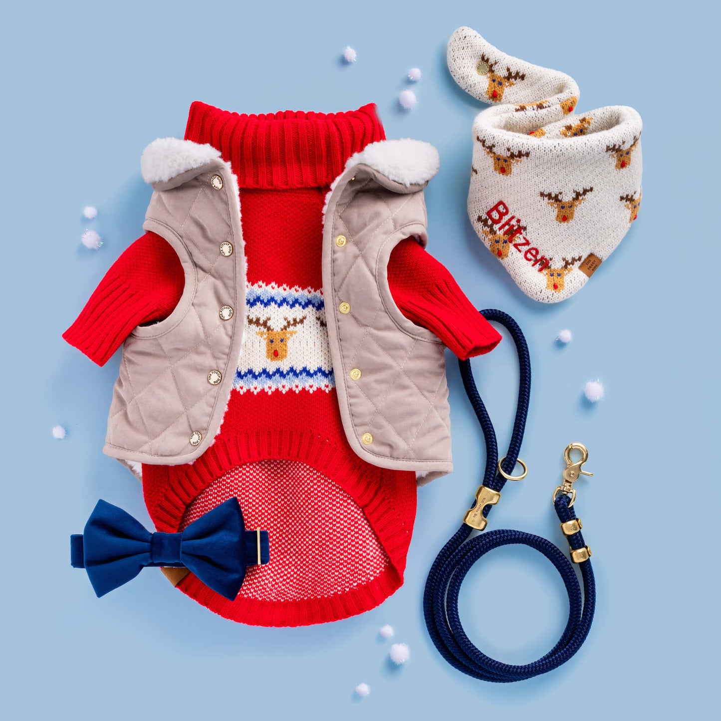 Reindeer Knit Dog Bandana, Reindeer Fair Isle Knit Sweater, Fawn Sherpa Reversible Jacket, Navy Velvet Bow Tie Collar, and Ocean Marine Rope Leash from The Foggy Dog
