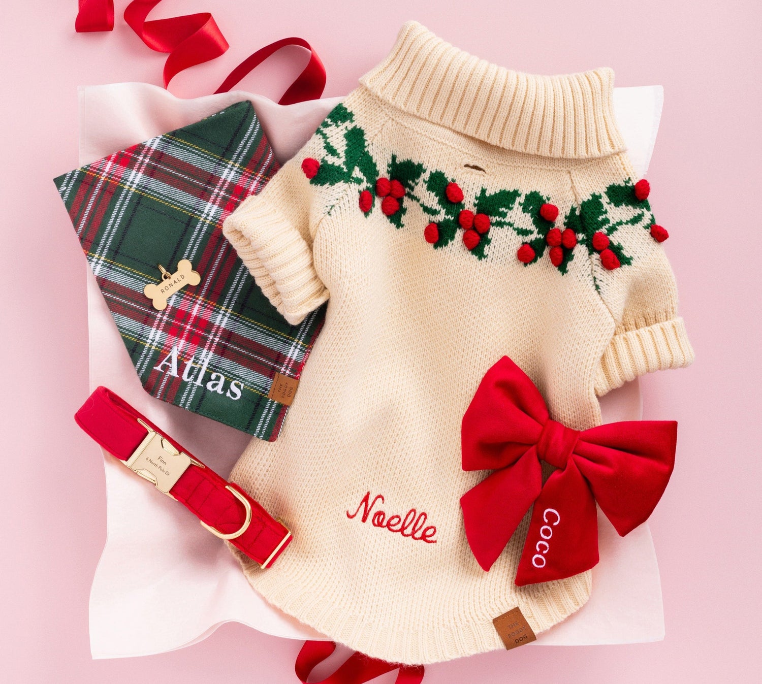 Holiday Personalization on Bandanas, Collars, ID Tags, Sweaters, Beds, Blankets, and Lady Bows at The Foggy Dog