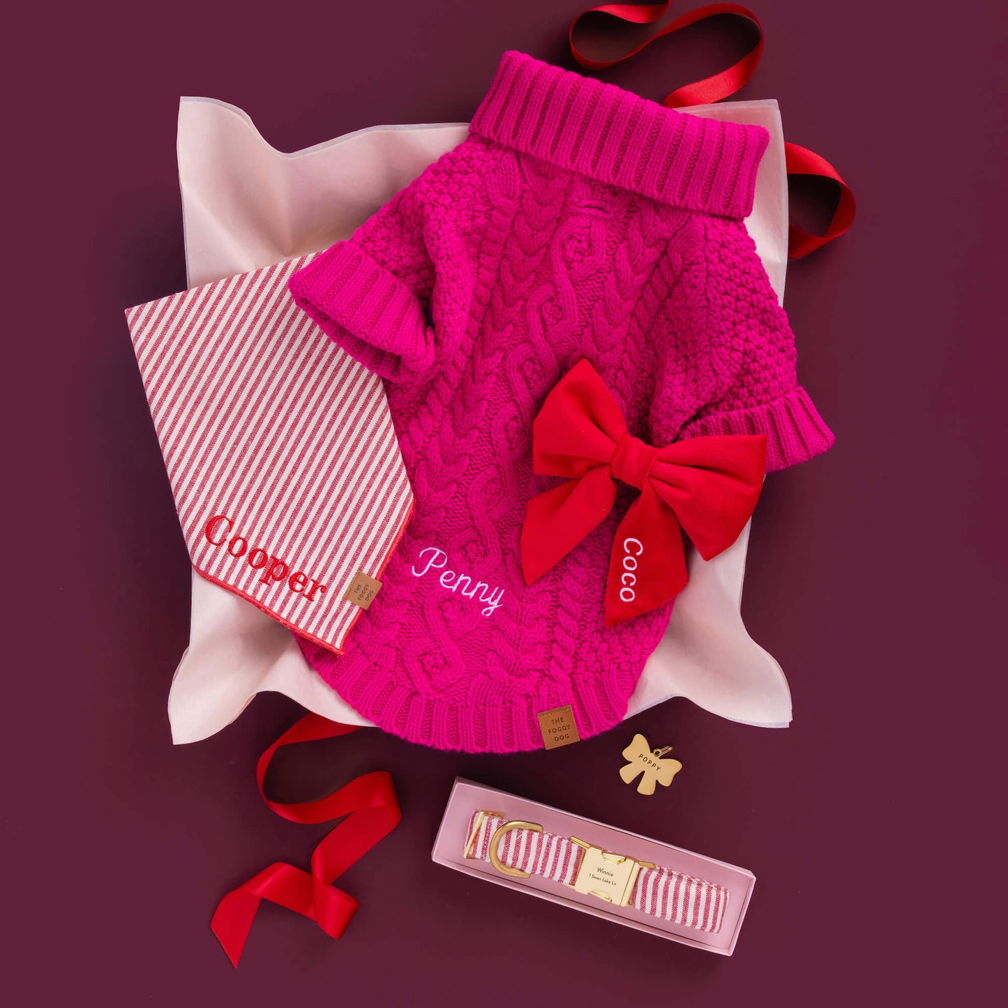 Hot Pink Cable Knit Dog Sweater, Red Stripe Bandana, Cranberry Velvet Lady Bow, Lady Bow ID Tag, Red Stripe Collar from The Foggy Dog