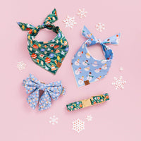 Festive Ornaments Dog Bandana, Festive Ornaments Dog Collar, Frosty Friends Dog Bandana, and Frosty Friends Lady Bow Collar from The Foggy Dog