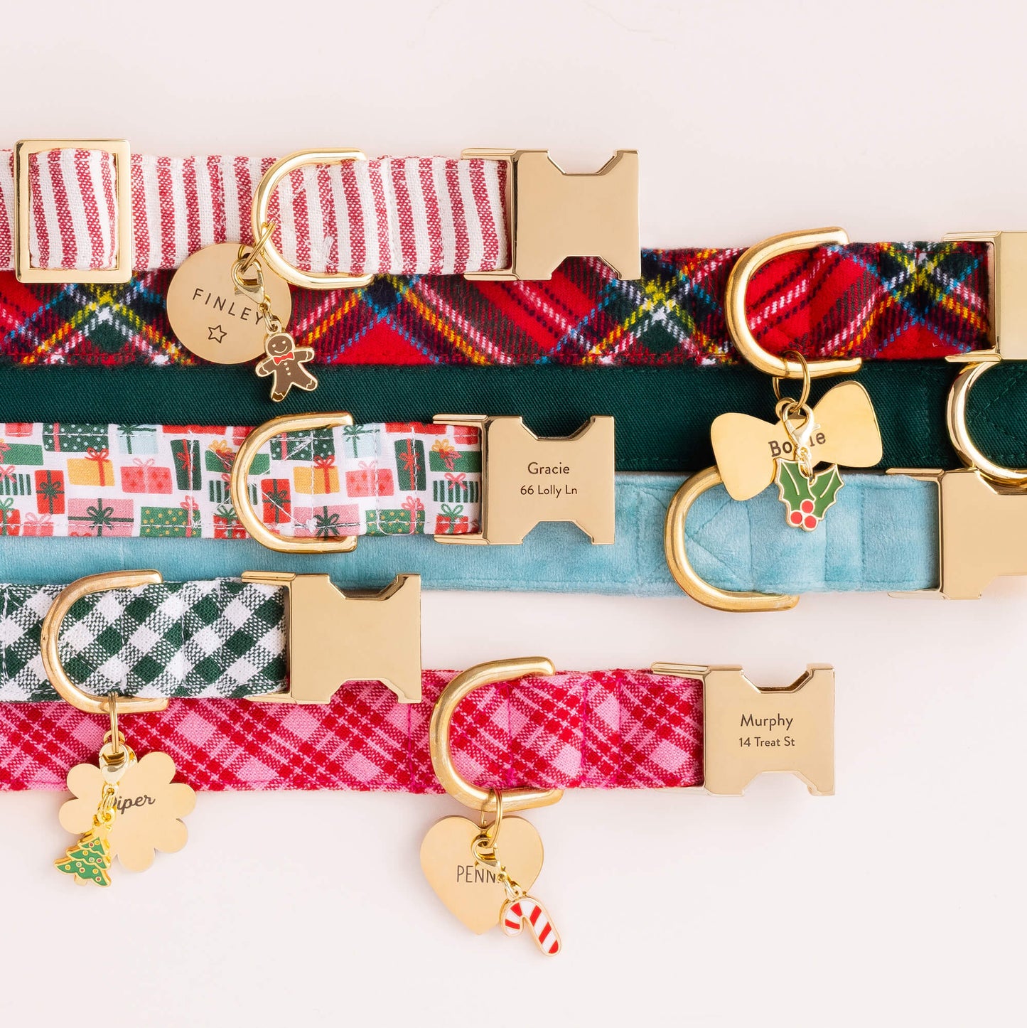 Red Stripe Collar, Tartan Plaid Flannel Collar, Evergreen Collar, Heather Taylor Home x TFD Katherine Plaid Collar, Rifle Paper Co. x TFD Holiday Gifts, Robin's Egg Velvet Collar, Evergreen Gingham Collar, Heart ID Tag, Lady Bow ID Tag, Circle ID Tag, Christmas Charm, Holly Collar Charm, Bow ID Tag, Candy Cane Charm and Snowflake Charm from The Foggy Dog