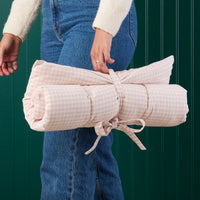Blush Pink Gingham Bolster Dog Bed Travel Mat and Crate Pad from The Foggy Dog