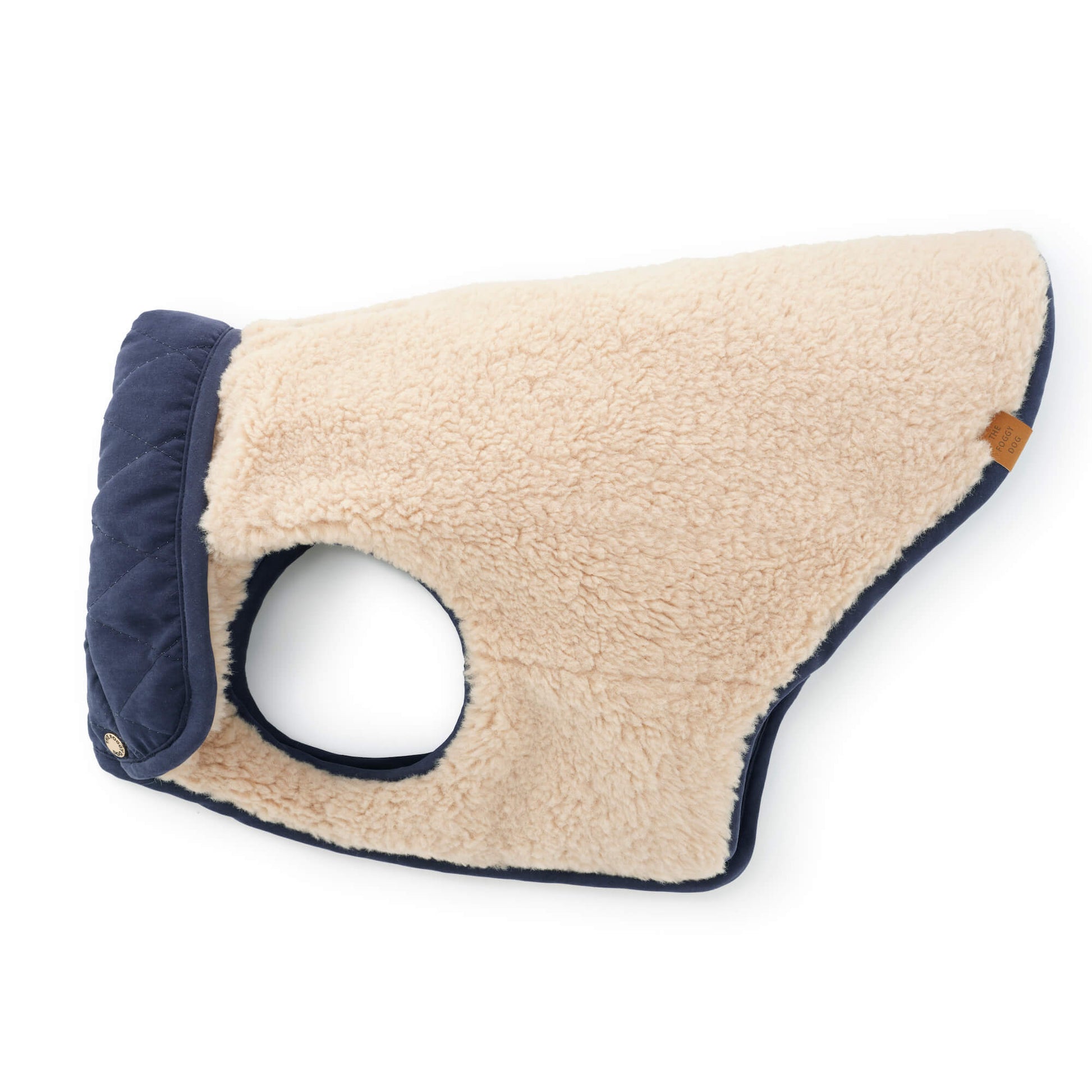 Navy Sherpa-Lined Reversible Dog Jacket from The Foggy Dog