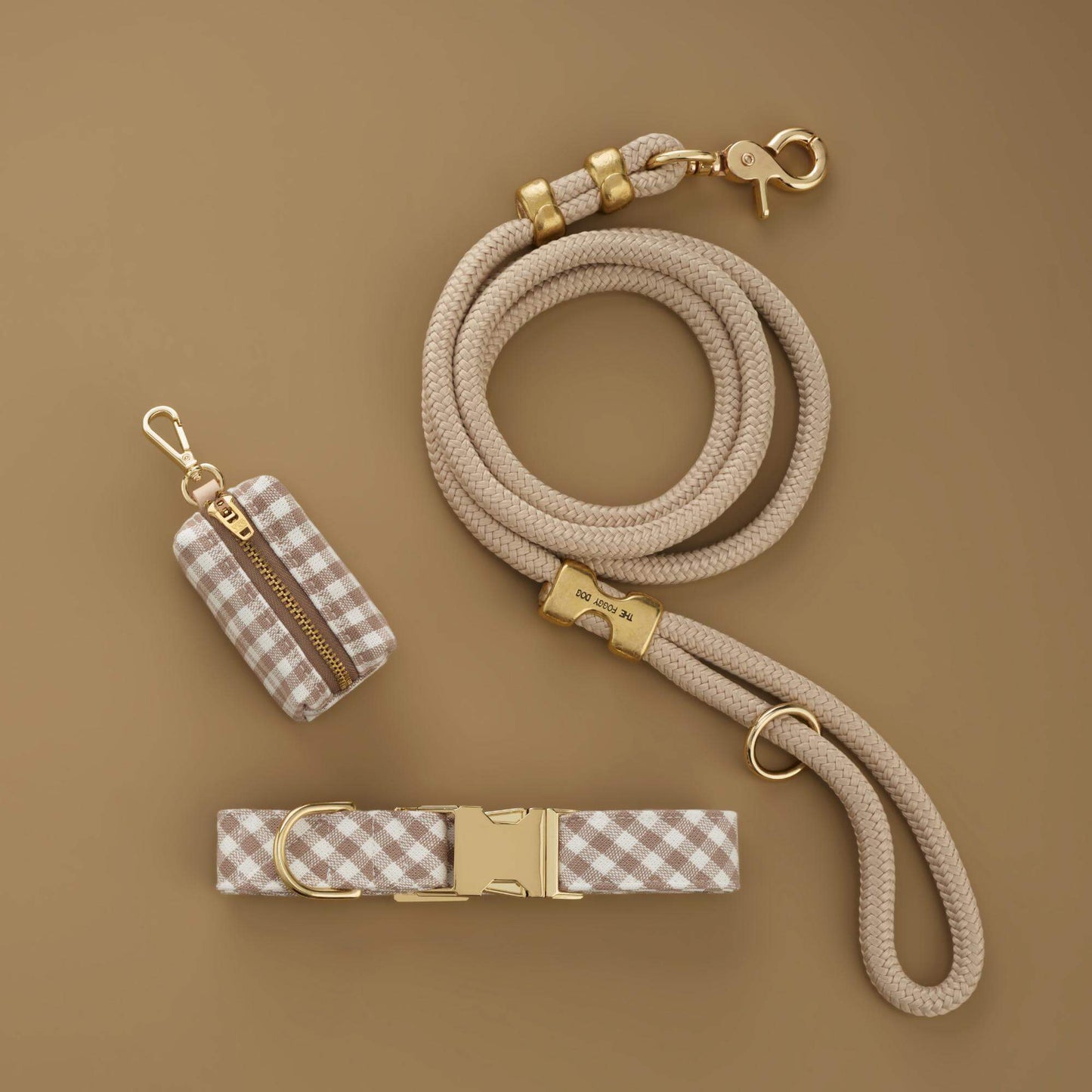 Mushroom Brown Gingham Collar Walk Set from The Foggy Dog