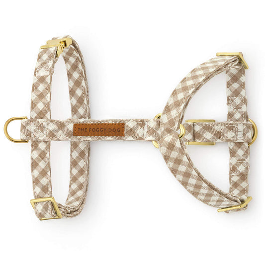 Mushroom Brown Gingham Dog Harness from The Foggy Dog