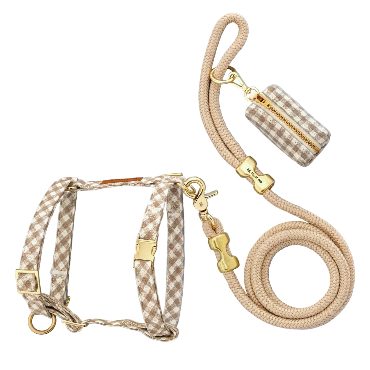 Mushroom Brown Gingham Harness Walk Set from The Foggy Dog