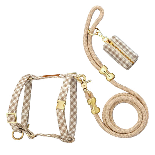 Mushroom Brown Gingham Harness Walk Set from The Foggy Dog