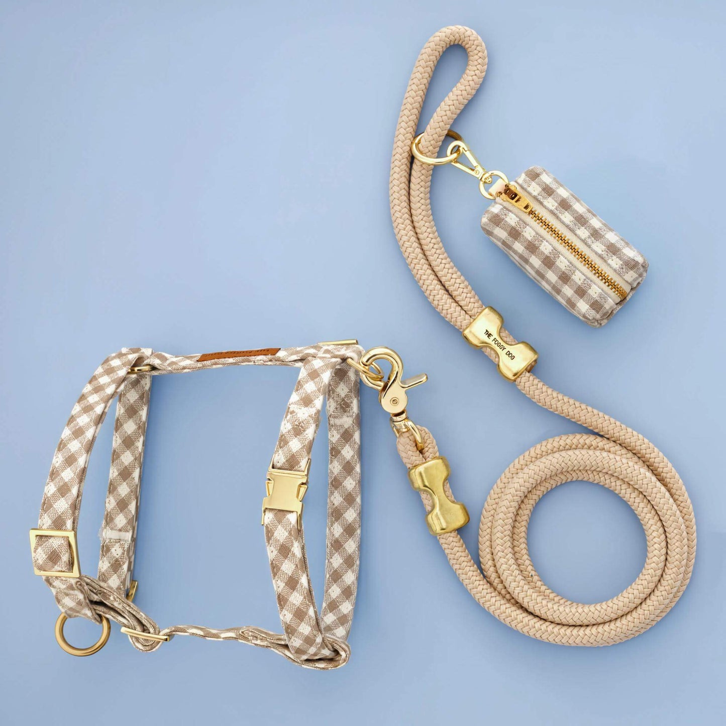 Mushroom Brown Gingham Harness Walk Set from The Foggy Dog