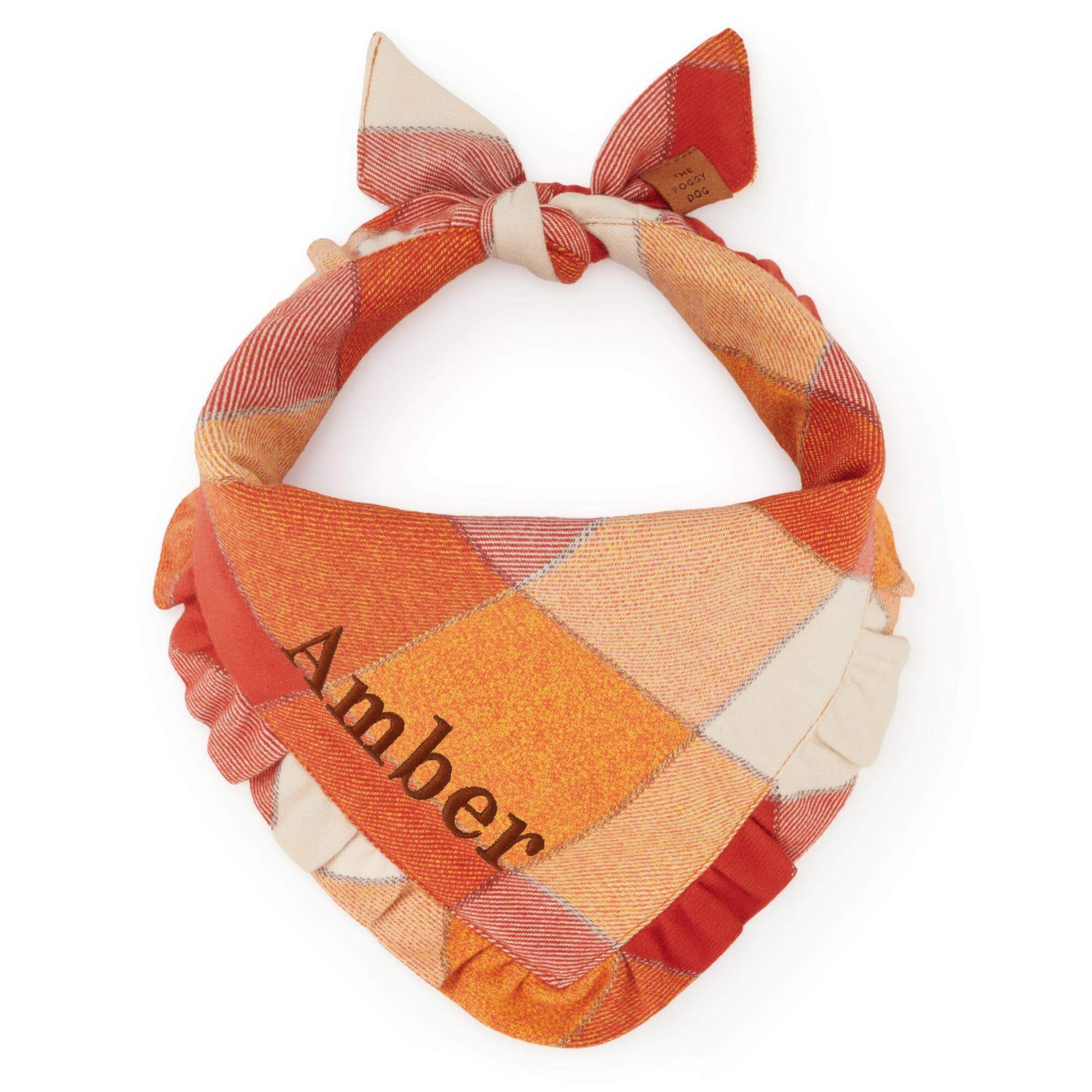 Pumpkin Spice Plaid Flannel Ruffled Dog Bandana from The Foggy Dog