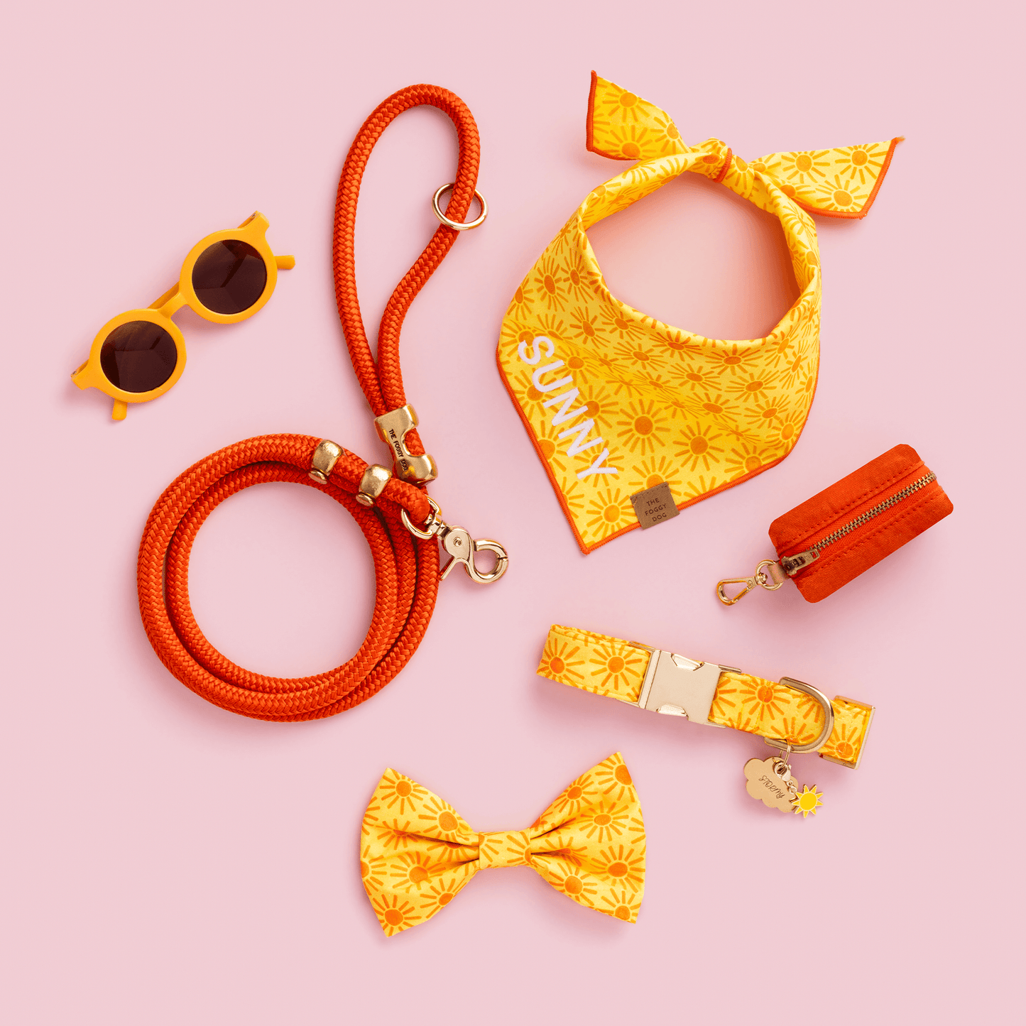 Here Comes the Sun Bandana, Collar, Bow Tie, Bow Tie Collar, Cloud Pet ID Tag, Sun Collar Charm, Cider Marine Rope Leash, and Cider Waxed Canvas Waste Bag Holder from The Foggy Dog