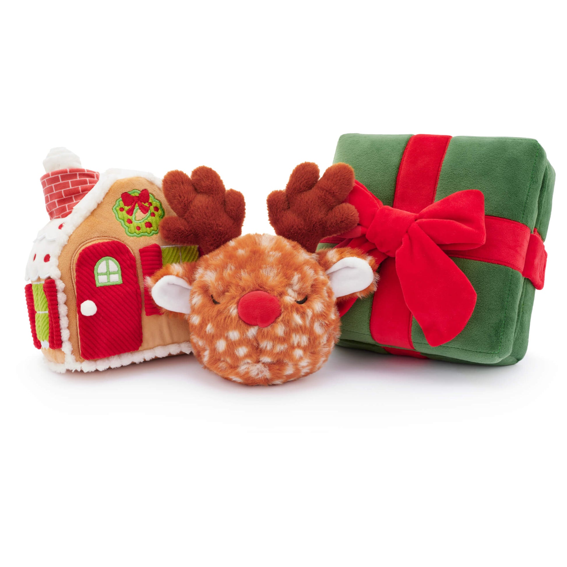 Holiday Favorites Interactive Toy Set with Holiday Present, Reindeer 2-in-1 Bounce, and Gingerbread House Dog Toy from The Foggy Dog