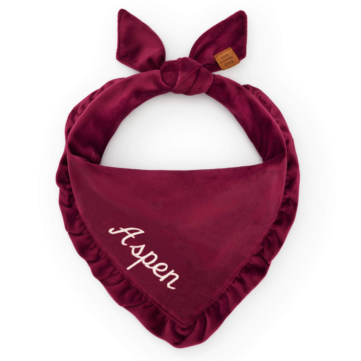 Burgundy Velvet Ruffled Dog Bandana from The Foggy Dog
